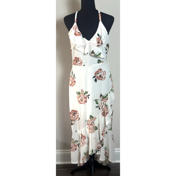 Women's( M) White Ivory Floral Hi Low Midi Ruffle V Neck Disney Princess Dress - Picture 2 of 16